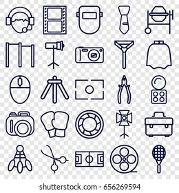 Professional icons set. set of 25 professional outline icons such as hairdresser peignoir, eyeshadow palette, tie, toolbox, concrete mixer, pliers, welder mask, movie tape