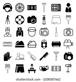 Professional icons. set of 36 editable filled and outline professional icons such as comb, handshake, camera, sport shorts, football pitch, nurse, operator, doctor
