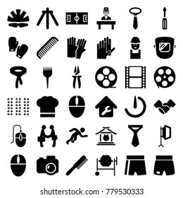 Professional icons. set of 36 editable filled professional icons such as comb, glove, tie, worker, screwdriver, concrete mixer, movie tape, sport shorts, football pitch