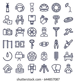 Professional icons set. set of 36 professional outline icons such as gloves, tie, table, man with laptop, nippers, concrete mixer, chain saw, nurse, movie tape, operator