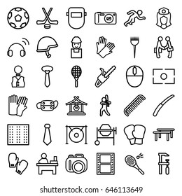 Professional icons set. set of 36 professional outline icons such as field, gong, comb, barber brush, glove, gloves, tie, table, worker, concrete mixer, chainsaw, welder mask