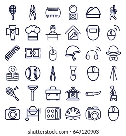 Professional icons set. set of 36 professional outline icons such as gong, comb, eyeshadow palette, tie, mouse, toolbox, nippers, concrete mixer, pliers, welder mask