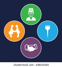 Professional icons set. set of 4 professional filled icons such as barber brush, handshake, doctor