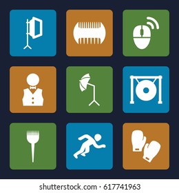 Professional icons set. set of 9 professional filled icons such as comb, barber brush, gong, studio umbrella, soft box, waiter, running, boxing gloves