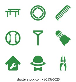 Professional icons set. set of 9 professional filled icons such as comb, tie, nippers, camera shutter, home repair, hat and bow, baseball, shuttlecock