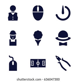 Professional icons set. set of 9 professional filled icons such as mouse, worker, pliers, stopwatch camera, waiter, hat and bow, golf