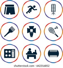 Professional icons set. set of 9 professional filled icons such as comb, eyeshadow palette, coloring brush, table, soft box, running, badminton