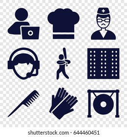 Professional icons set. set of 9 professional filled icons such as field, comb, gloves, man with laptop, operator, doctor, gong, chef hat