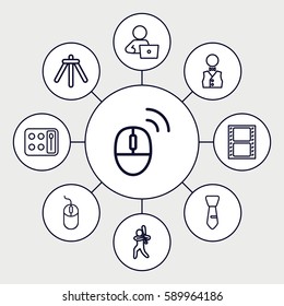 professional icons set. Set of 9 professional outline icons such as eyeshadow palette, mouse, tie, man with laptop, movie tape, camera tripod, waiter, computer mouse