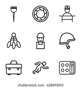 Professional icons set. set of 9 professional outline icons such as barber brush, eyeshadow palette, toolbox, worker, helmet, doctor, camera shutter, running