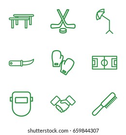 Professional icons set. set of 9 professional outline icons such as comb, welder mask, gardening knife, studio umbrella, handshake, hockey, boxing gloves, horizontal bar