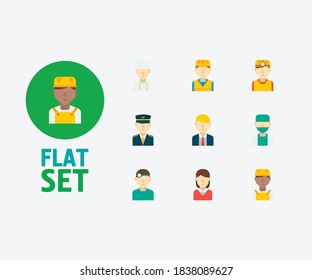 Professional icons set. African worker and professional icons with plane pilot, female worker and dentist. Set of administrator for web app logo UI design.