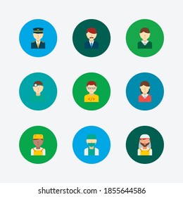 Conjunto de iconos profesionales. Trabajador árabe e íconos profesionales con doctor, dentista y trabajador africano. Conjunto de constructores para el diseño de la interfaz de usuario del logotipo de la aplicación web.