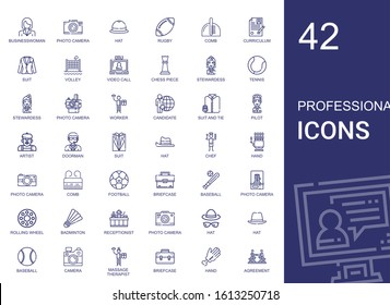 professional icons set. Collection of professional with businesswoman, photo camera, hat, rugby, comb, curriculum, suit, volley, video call. Editable and scalable professional icons.