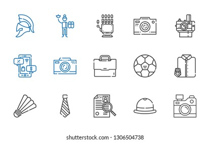 professional icons set. Collection of professional with camera, hat, curriculum, tie, badminton, suit and tie, football, briefcase, photo camera. Editable and scalable professional icons.