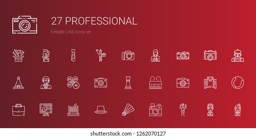 professional icons set. Collection of professional with chef, camera, badminton, hat, volley, video call, briefcase, comb, chess piece. Editable and scalable professional icons.