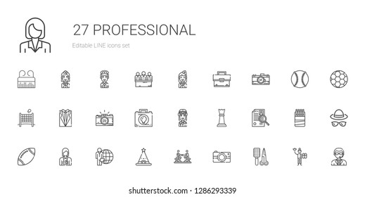professional icons set. Collection of professional with comb, photo camera, agreement, hat, candidate, photographer, rugby, curriculum. Editable and scalable professional icons.