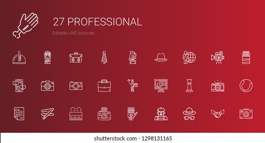 professional icons set. Collection of professional with hat, artist, hand, camera, comb, stick, curriculum, chess piece, video call. Editable and scalable professional icons.