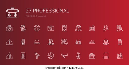 professional icons set. Collection of professional with receptionist, helmet, handshake, football, massage therapist, photo camera, comb. Editable and scalable professional icons.