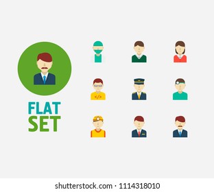 Professional icons set. Plane pilot and professional icons with safety worker, male worker and office boss. Set of director for web app logo UI design.