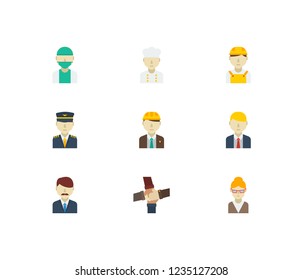 Professional icons set. Teamwork and professional icons with office boss, white worker and plane pilot. Set of builder for web app logo UI design.