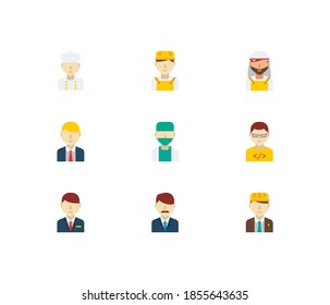 Conjunto de iconos profesionales. Trabajador blanco e íconos profesionales con médico, trabajador árabe y jefe de oficina. Conjunto de diseño de interfaz de usuario de logotipo corporativo para aplicación web.
