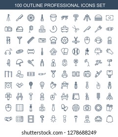 professional icons. Trendy 100 professional icons. Contain icons such as hairdresser peignoir, helmet, doctor, barber brush, tie, camera bulb. professional icon for web and mobile.