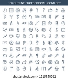 professional icons. Trendy 100 professional icons. Contain icons such as tie, hat and bow, comb, horizontal bar, shuttlecock, screwdriver. professional icon for web and mobile.