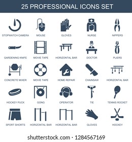 professional icons. Trendy 25 professional icons. Contain icons such as stopwatch camera, mouse, gloves, nurse, nippers, gardening knife. professional icon for web and mobile.