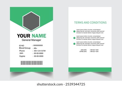 professional id card design template. Modern and clean business id card template. with green color. corporate modern business id card design template. Company employee id card template.