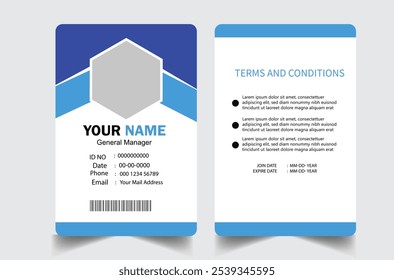 Plantilla profesional del diseño de la tarjeta de la identificación. Plantilla moderna y limpia de la tarjeta de la identificación del negocio. con el color azul. Plantilla moderna del diseño de la tarjeta de la identificación del negocio corporativo. Plantilla de la tarjeta de identificación del empleado de la compañía.