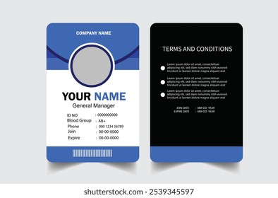 modelo de design de cartão de identificação profissional. Modelo moderno e limpo de cartão de identificação comercial. com cor azul. modelo de design de cartão de identificação comercial moderno corporativo. Modelo de cartão de ID de funcionário da empresa.