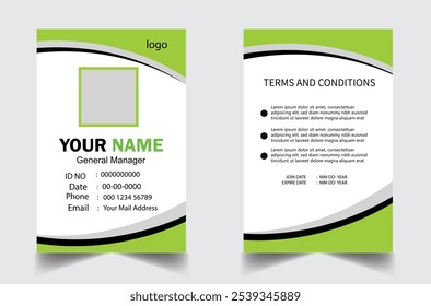 professional id card design template. Modern and clean business id card template. with green color. corporate modern business id card design template. Company employee id card template.