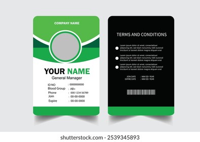 Plantilla profesional del diseño de la tarjeta de la identificación. Plantilla moderna y limpia de la tarjeta de la identificación del negocio. con el color verde. Plantilla moderna del diseño de la tarjeta de la identificación del negocio corporativo. Plantilla de la tarjeta de identificación del empleado de la compañía.