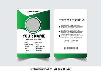Plantilla profesional del diseño de la tarjeta de la identificación. Plantilla moderna y limpia de la tarjeta de la identificación del negocio. con el color verde. Plantilla moderna del diseño de la tarjeta de la identificación del negocio corporativo. Plantilla de la tarjeta de identificación del empleado de la compañía.