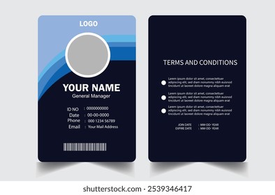 modelo de design de cartão de identificação profissional. Modelo moderno e limpo de cartão de identificação comercial. com cor azul. modelo de design de cartão de identificação comercial moderno corporativo. Modelo de cartão de ID de funcionário da empresa.