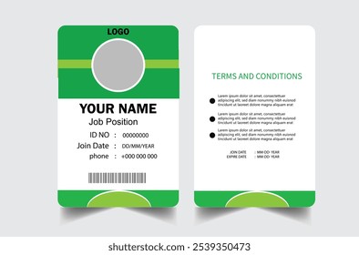 professional id card design template. Modern and clean business id card template. with green color. corporate modern business id card design template. Company employee id card template.