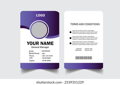Plantilla profesional del diseño de la tarjeta de la identificación. Plantilla moderna y limpia de la tarjeta de la identificación del negocio. con el color azul. Plantilla moderna del diseño de la tarjeta de la identificación del negocio corporativo. Plantilla de la tarjeta de identificación del empleado de la compañía.

