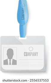 Professional id card hangs from a blue lanyard, showcasing a company logo and employee photo, emphasizing corporate identity and access within a business environment