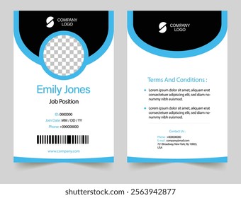 Professional ID card template with modern blue and white design, employee details, barcode, terms, and contact information.