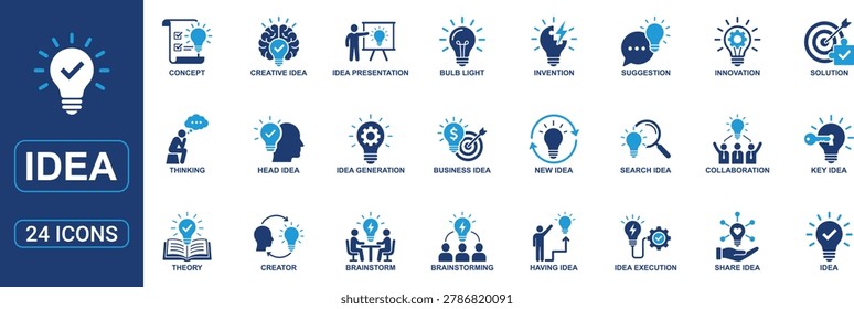 Professional idea and innovation icon set in solid style featuring creative thinking, brainstorming, business solution, collaboration, concept development, invention, strategy, idea generation, presentation, innovation process, teamwork, creative mind, lightbulb brain symbols, and problem solving elements. Perfect for startup branding, business presentations, education projects, marketing materials, mobile apps, web interfaces, productivity tools, and corporate creativity concepts. High quality vector illustration icons designed for modern innovation and brainstorming themes.