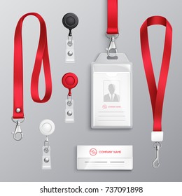 Professional identification card id badges holders with red lanyards and strap clips realistic templates set isolated vector illustration  