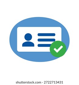 Icono de verificación de la tarjeta de identidad de Profesional con un perfil de usuario azul con una marca de verificación verde para Aprobación, seguridad y autenticación.