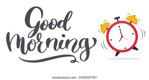 Professional illustration of good morning text with alarm clock ringing on white background