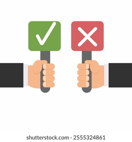 Professional illustration of a hand holding a sign with the words True and False on a white background