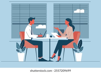 Professional illustration of a man and woman in a modern office engaged in a discussion at a table. Ideal for themes like interviews, teamwork, workplace collaboration, and business meetings.