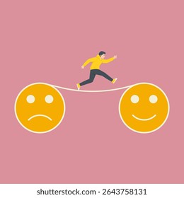 Professional illustration of moving from sadness to happiness with a positive and courageous step