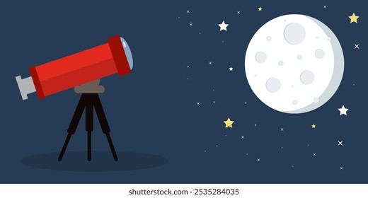 Profesional ilustración de un telescopio rojo apuntando al cielo, la luna y las estrellas