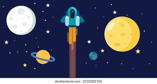 Professional illustration of a rocket launching between planets and stars