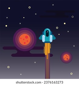 A professional illustration of a spacecraft flying between planets and stars in outer space